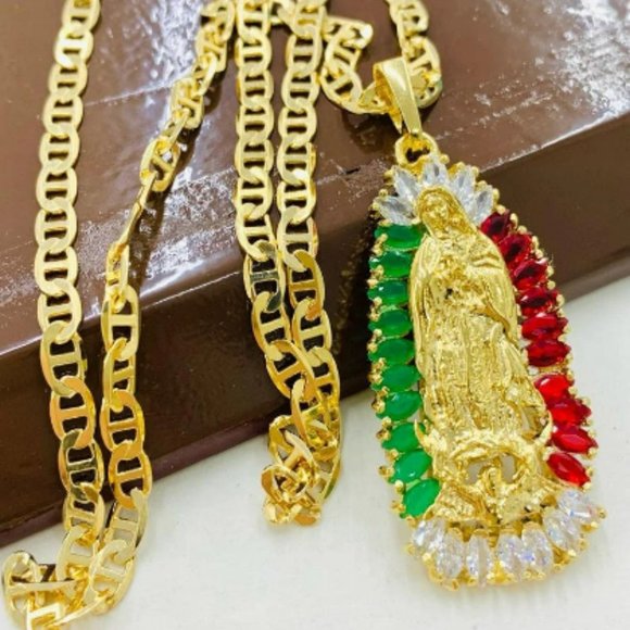 Gold Filled Guadalupe Charm Pendant Mariner Link Chain Dije de Guadalupe 44x20mm - Picture 1 of 6